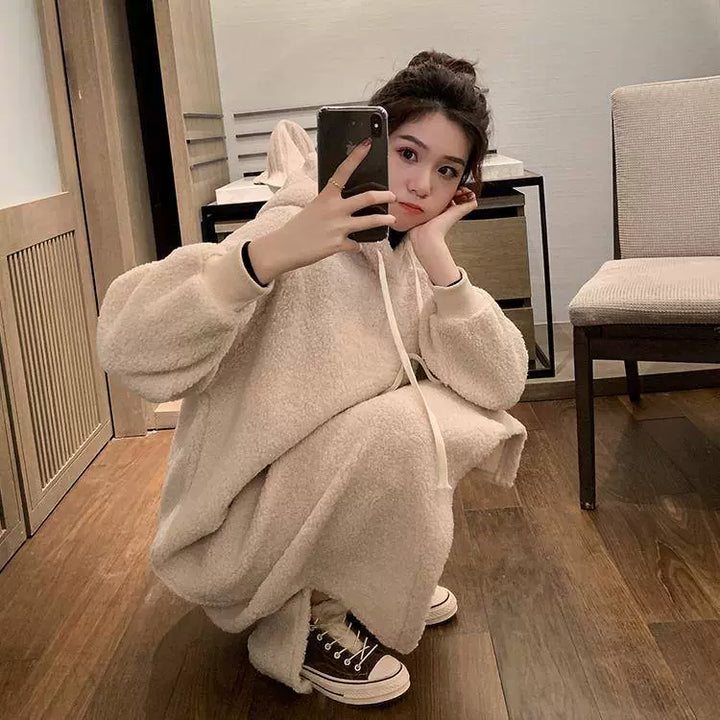 Women Fluffy Fleece Hooded Dress with Ears and Side Slits Lune London