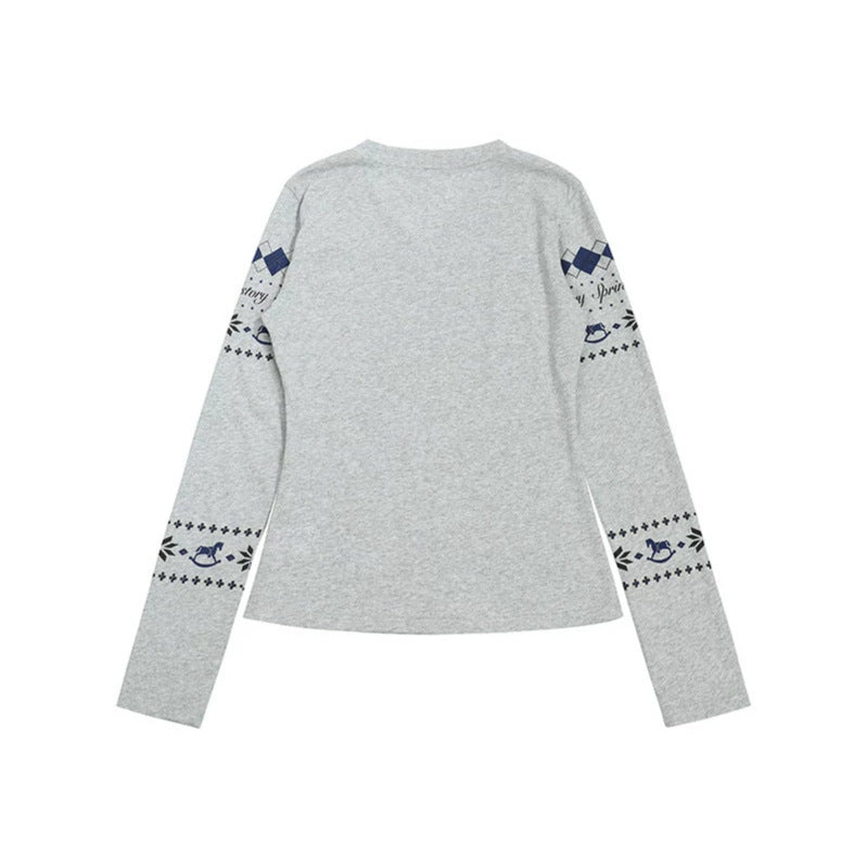 Women's Long Sleeve Shirt with V-Neck and Scandinavian Norwegian Print made of Cotton Blend Amarae