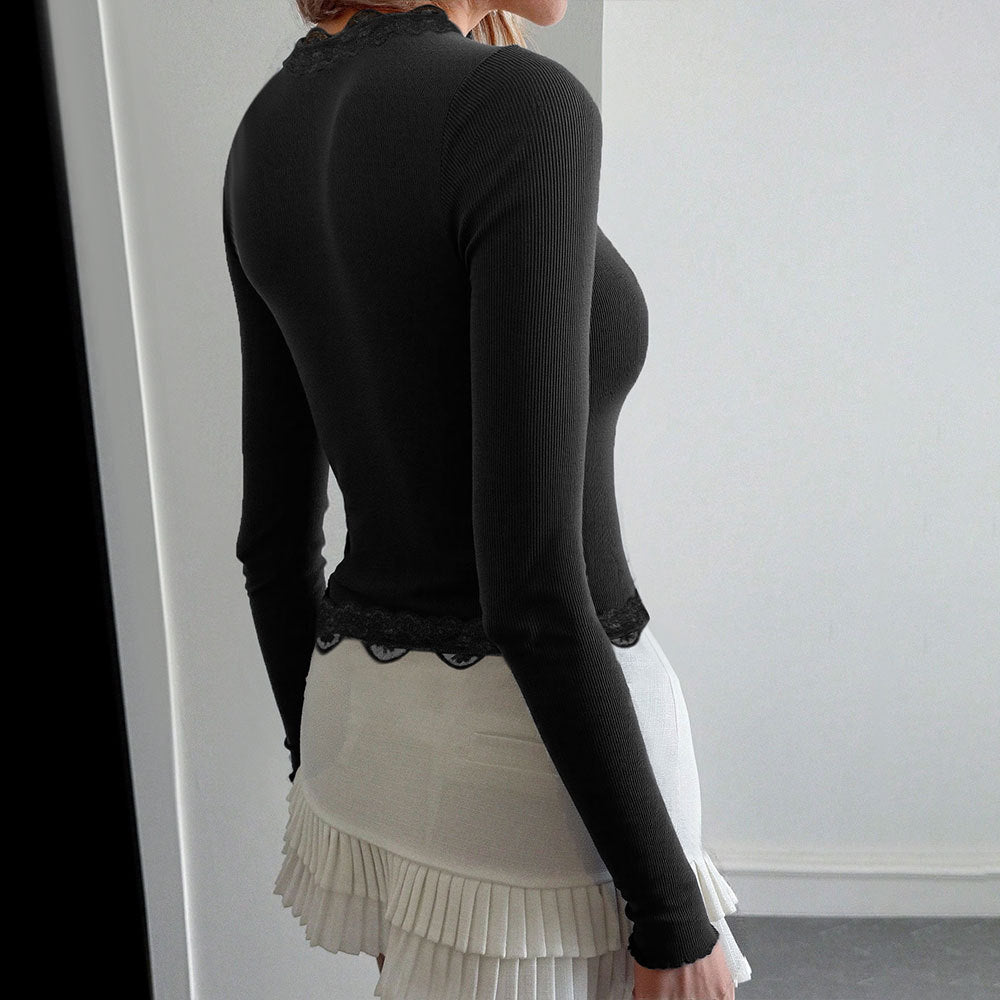 Chemise à manches longues pour femme avec délicate bordure en dentelle et coupe ajustée Chic & Stil