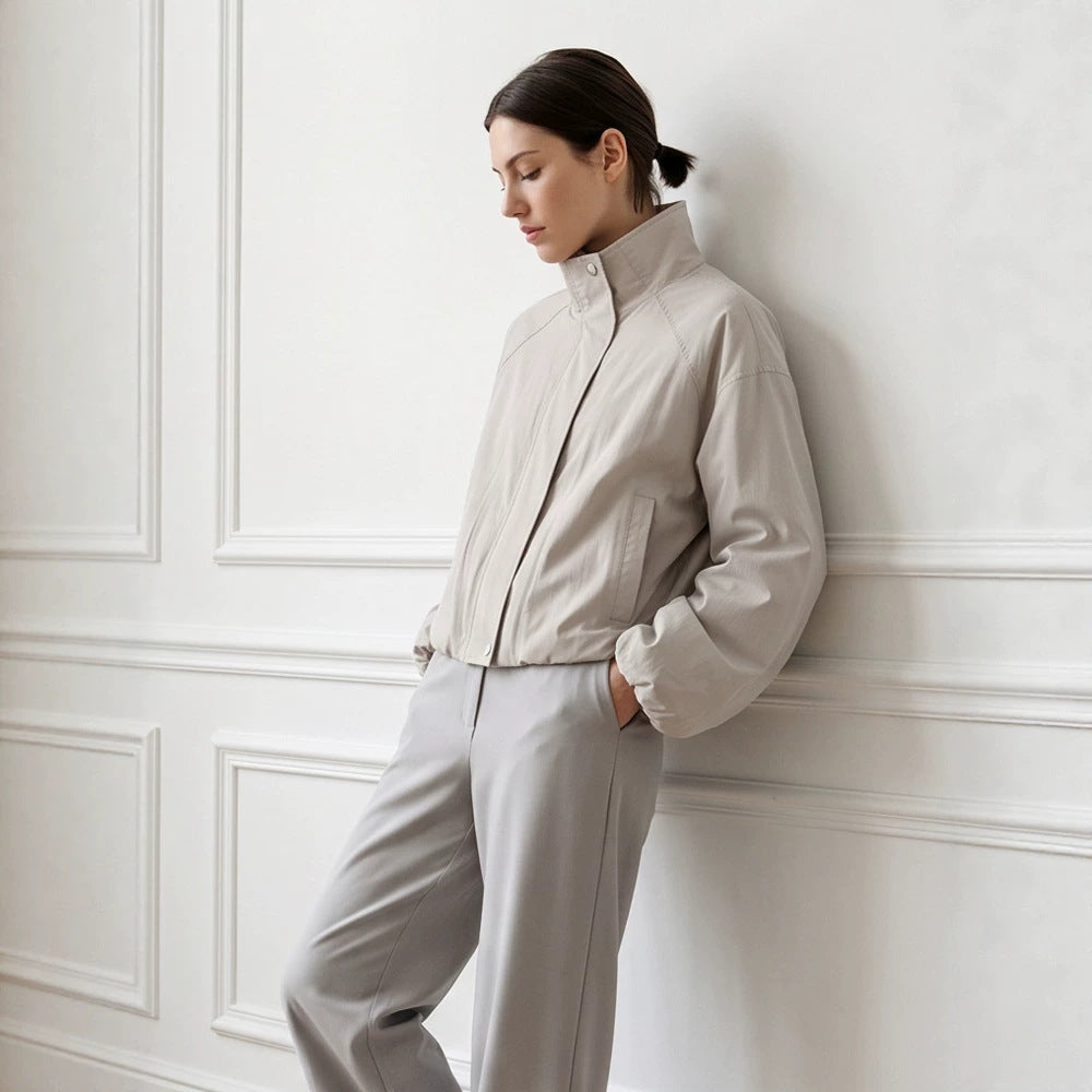 Women's Short Cut Stand Collar Bomber Jacket with Elastic Hem and Raglan Sleeves Amarae
