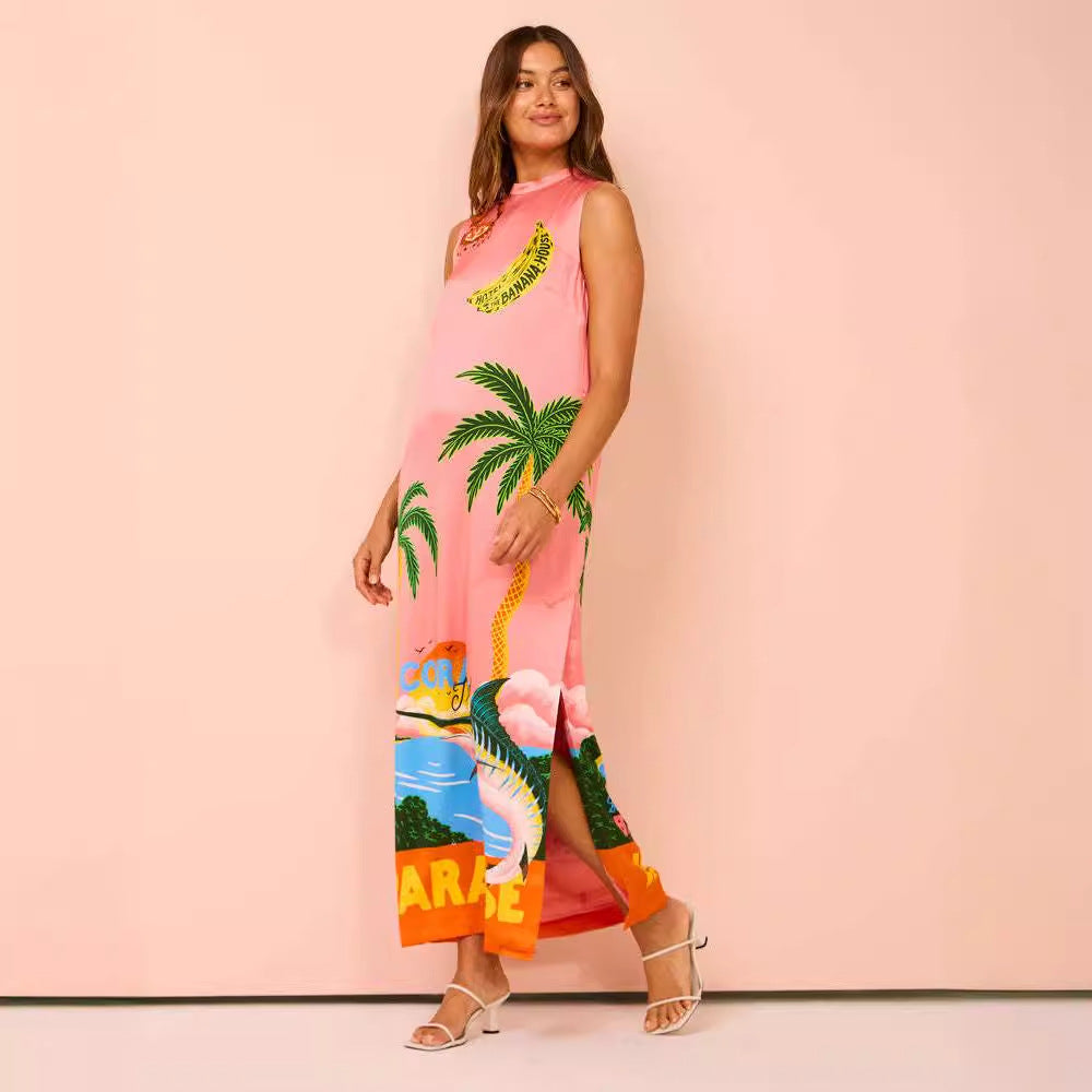 Maxi dress for women with colorful tropical pattern and high collar design Chic & Stil