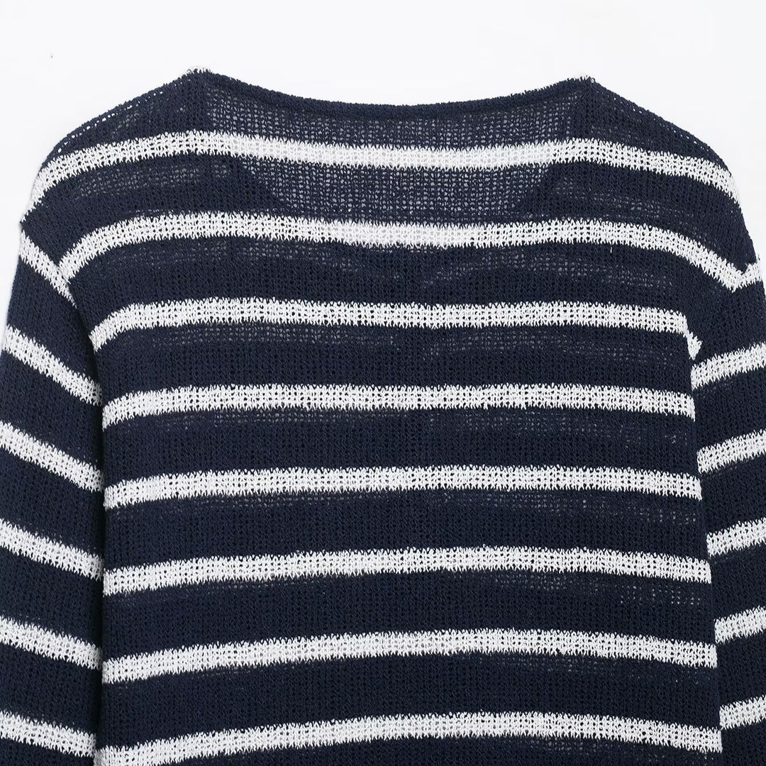 Women's striped sweater with button placket and lightweight textured knit Amarae
