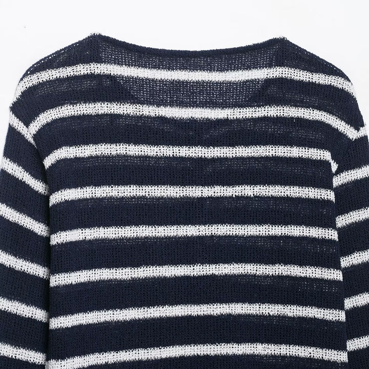 Women's striped sweater with button placket and lightweight textured knit Amarae