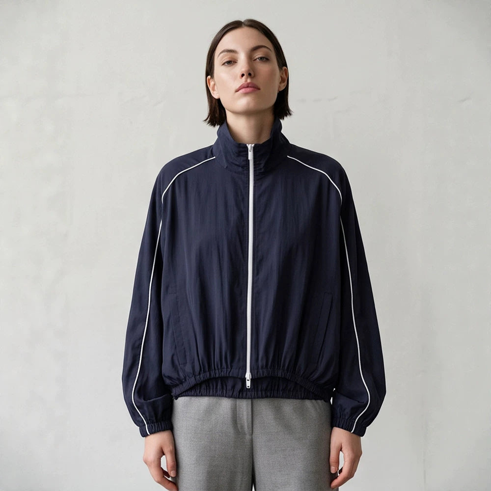 Women's Lightweight Sports Track Jacket with Stand-up Collar, Contrast Piping and Elastic Waistband Amarae