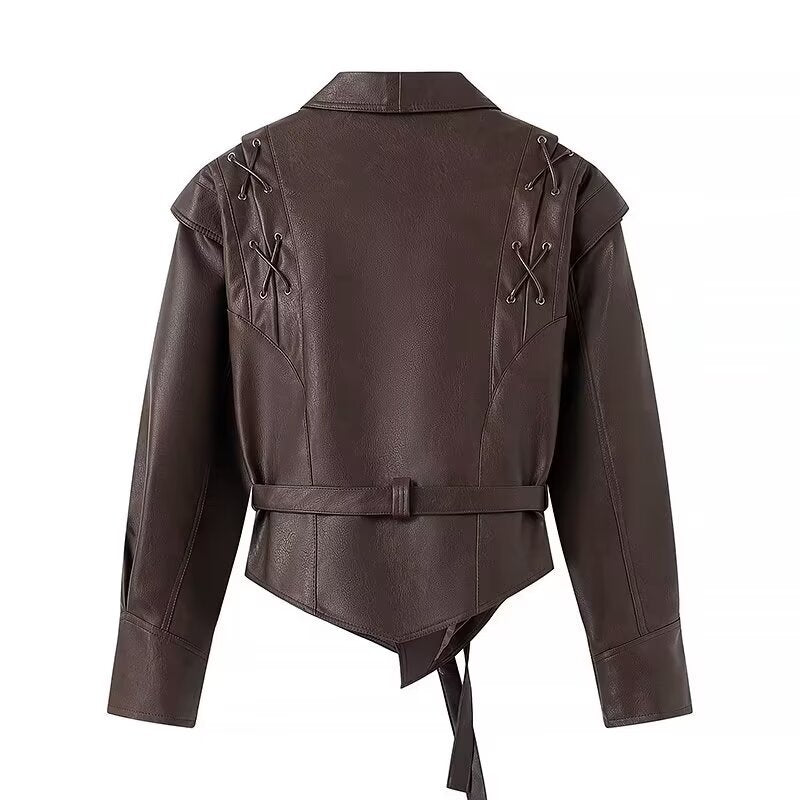 Ladies leather jacket with wrap belt, asymmetrical hem and decorative eyelets Amarae