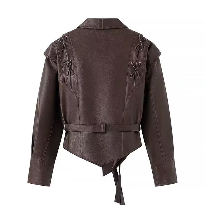 Ladies leather jacket with wrap belt, asymmetrical hem and decorative eyelets Amarae