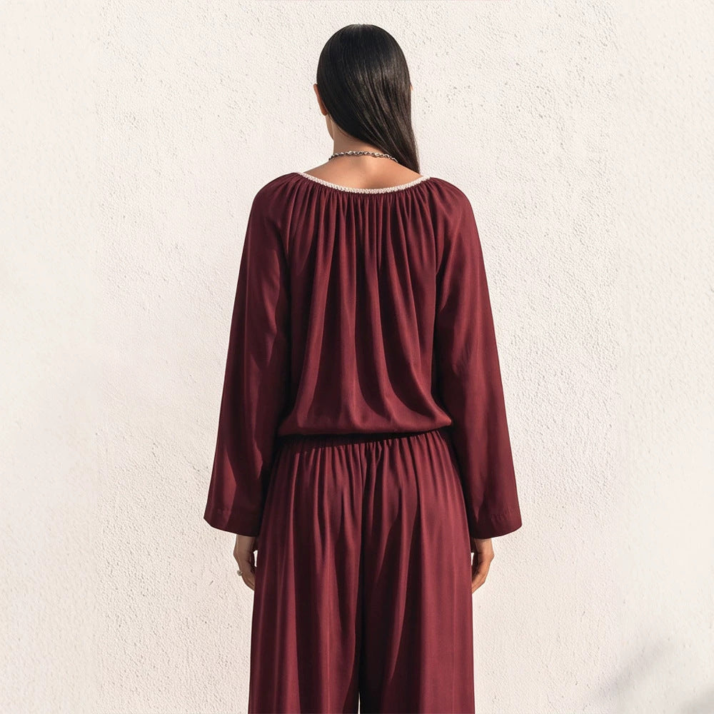 Ladies Flowing Two-Piece Loungewear Set in Silk Look with Wide Palazzo Pants and Gathered Tunic Amarae