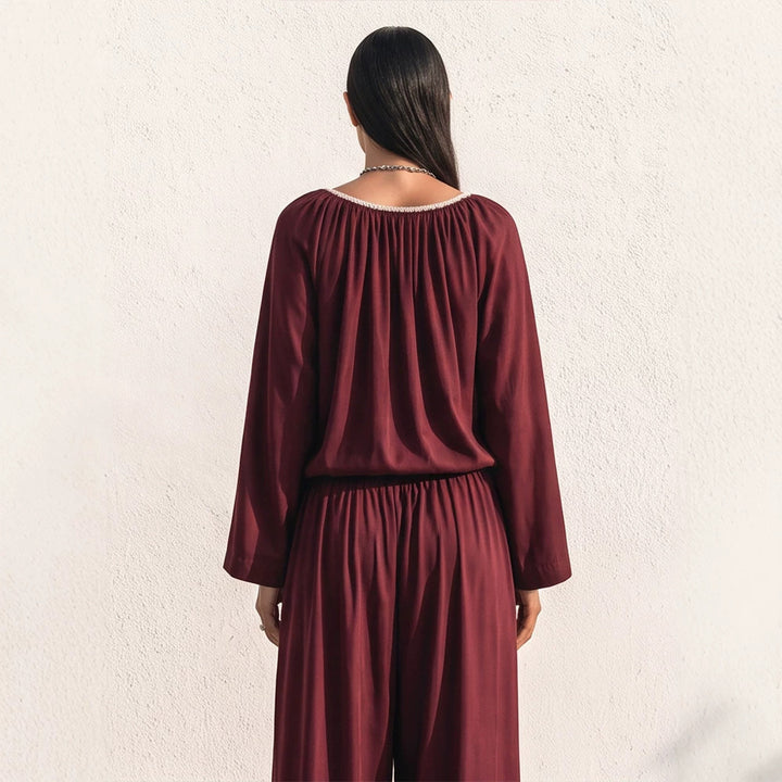 Ladies Flowing Two-Piece Loungewear Set in Silk Look with Wide Palazzo Pants and Gathered Tunic Amarae