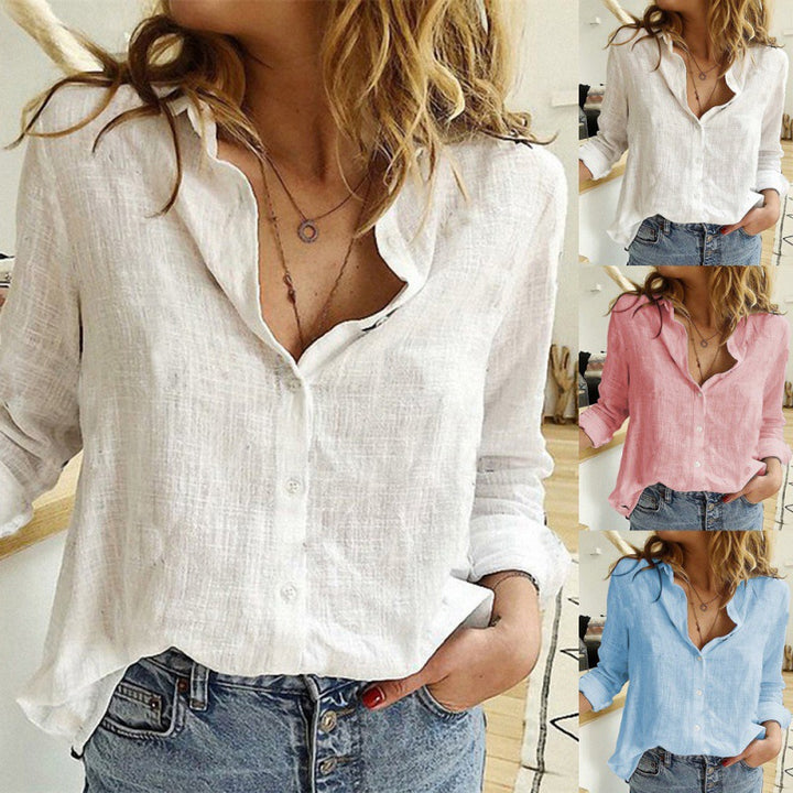 Women's lightweight linen blouse in a casual oversized cut with a step collar and continuous button placket Amarae