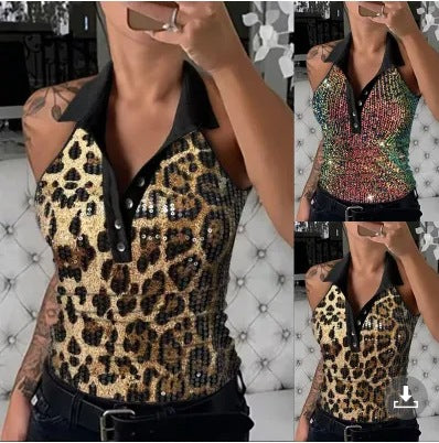 Ladies Sequin Leopard Print Polo Top Amarae