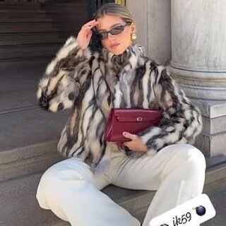 Women's short jacket in a faux fur mix with striped effect and stand-up collar Amarae