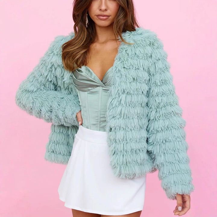 Women Midi-length Plush Coat with Fringe Structure and Open Silhouette Amarae