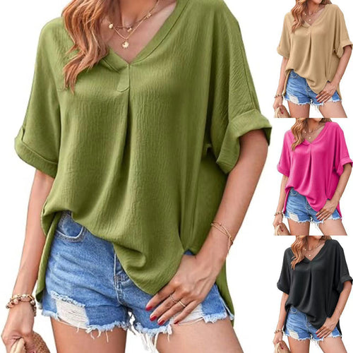 Ladies Light V-neck Top with Roll-up Sleeves Amarae