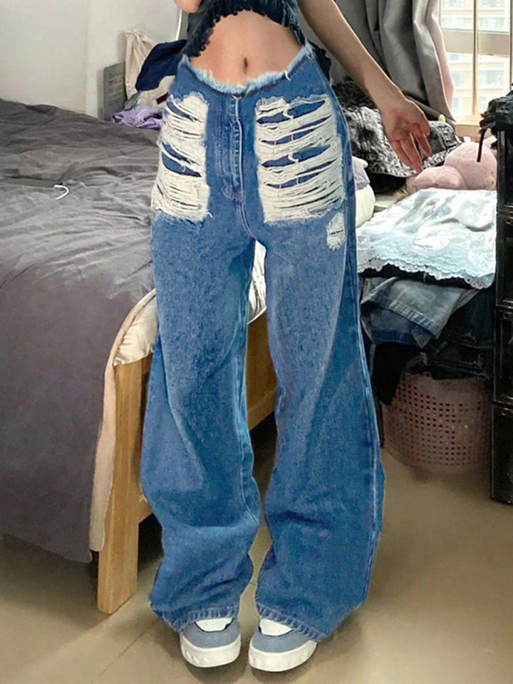 Women's high-cut wide denim jeans with heavily distressed front and raw waistband Amarae