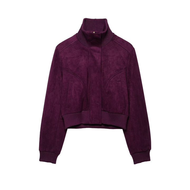 Women Cropped Velvet Jacket in Bomber Style with High Ribbed Collar and Waistband Amarae