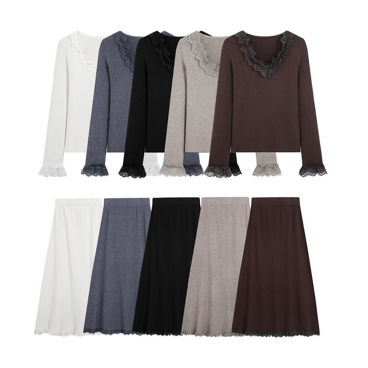 Women Two-Piece Ribbed Knit Set with Lace Trim Amarae