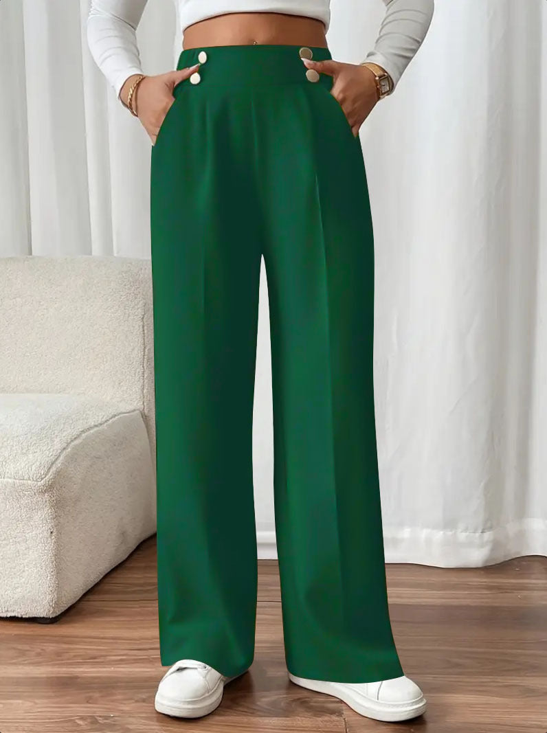 Ladies Elegant Wide Leg Pants with Decorative Button Details Lune London