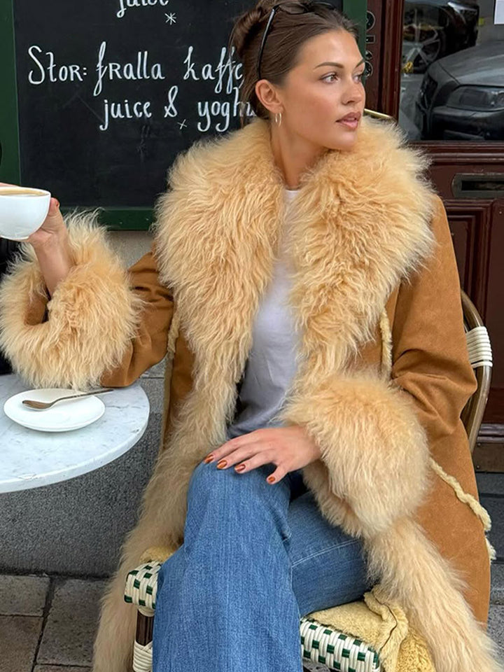 Women Long Shearling Imitation Coat with Voluminous Shawl Collar and Plush Cuffs Amarae