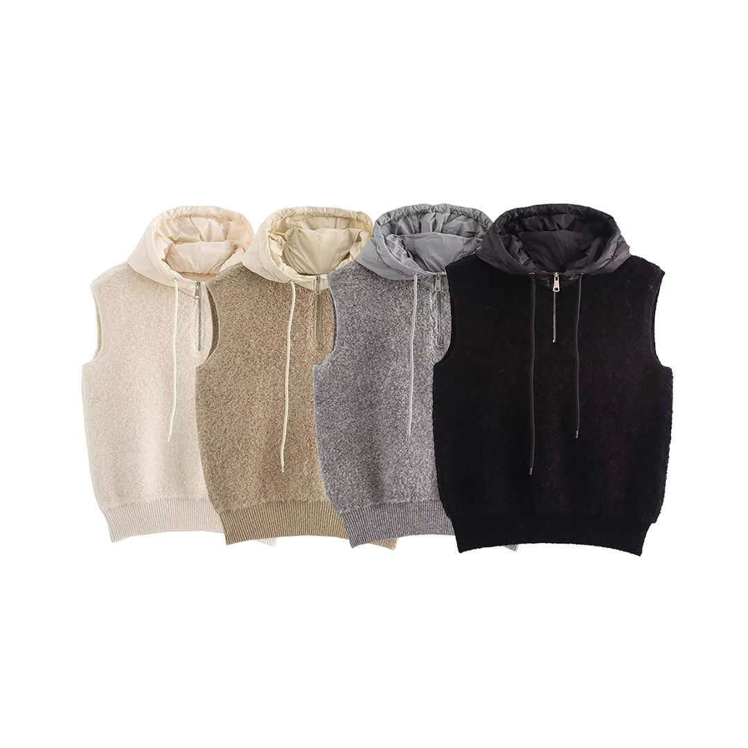 Women's sleeveless knitted vest with quilted hood and half zip Amarae