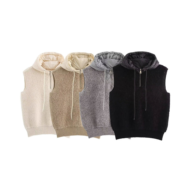 Women's sleeveless knitted vest with quilted hood and half zip Amarae