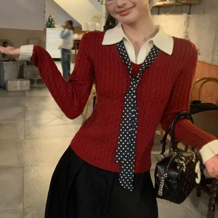 Pull en tricot à côtes pour femmes avec col chemise et cravate Chic & Stil