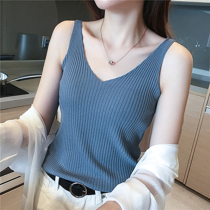 Ladies Rib V-neck knit tank top Lune London