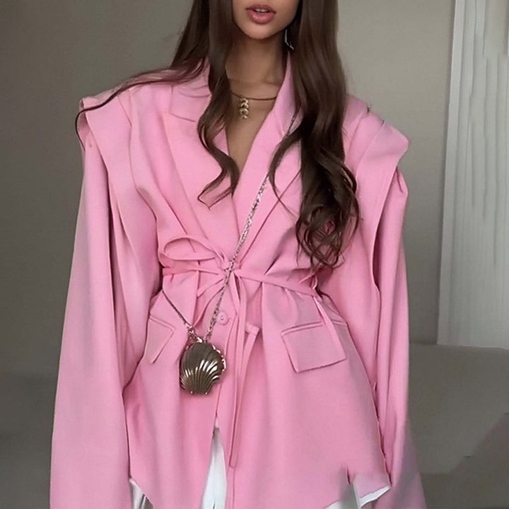 Ladies Tailored Wrap Blazer with Shoulder Pads and Tying Belt Amarae