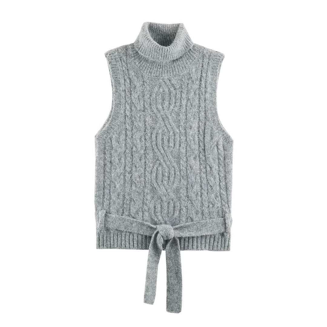Women's Sleeveless Cable Knit Vest with Roll Neck and Ties Amarae