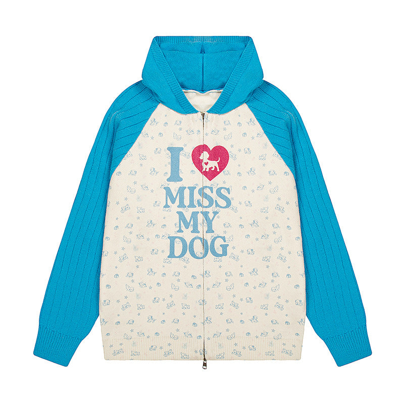 Women's hoodie cardigan with full zip, ribbed sleeves, and dog statement print Amarae