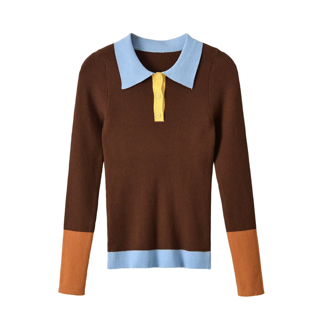 Women's figure-hugging ribbed knit sweater with polo collar, button placket, and color block details Amarae