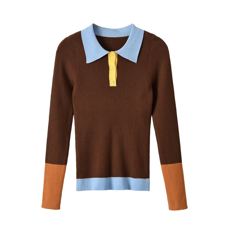 Women's figure-hugging ribbed knit sweater with polo collar, button placket, and color block details Amarae