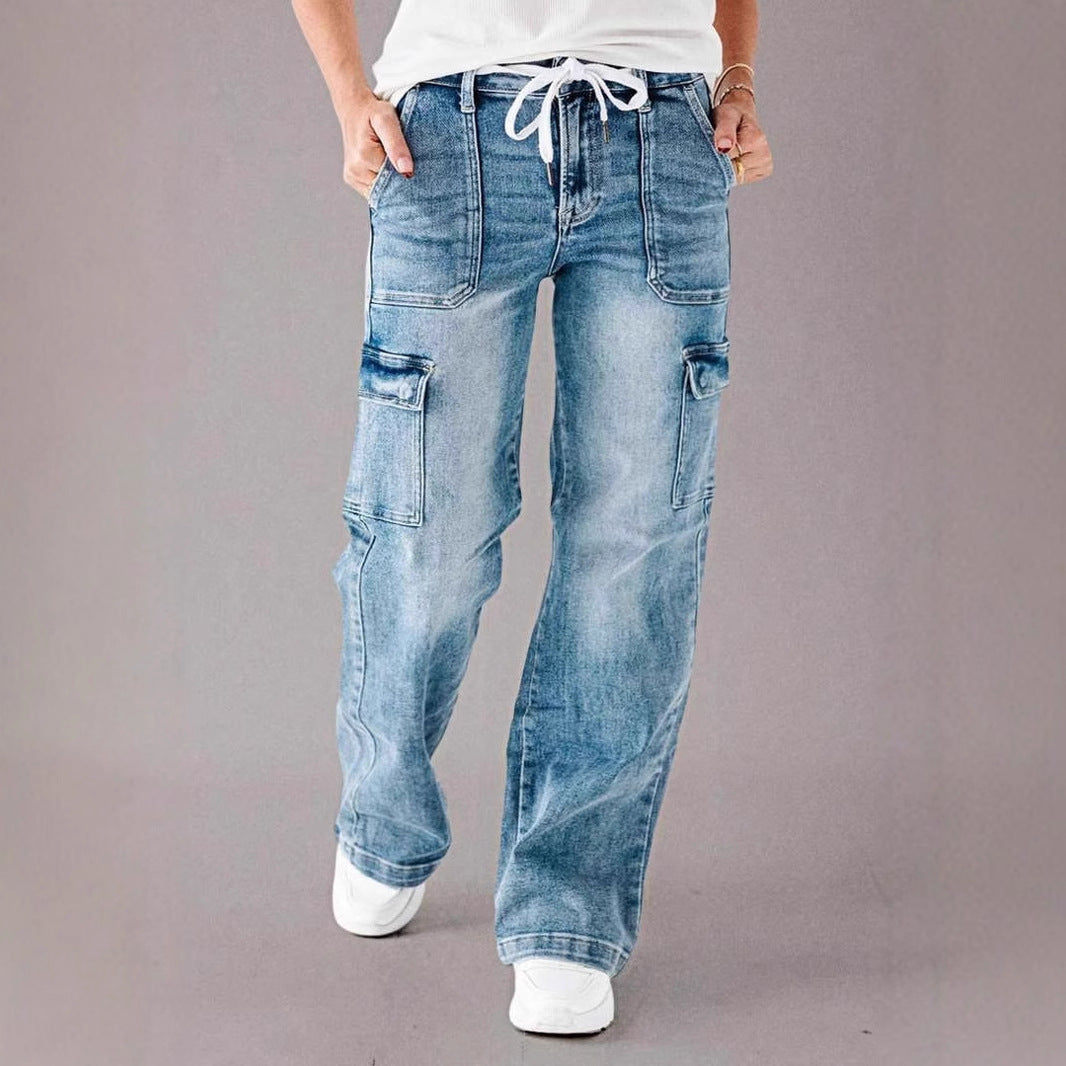 Chic & Stil Women's Wide Leg Cargo Jeans with Adjustable Waist
