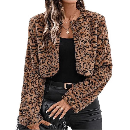 Ladies chic and stylish leopard faux fur jacket