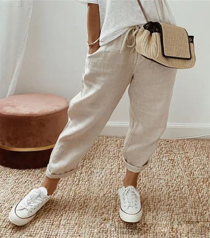 Women's linen jogger pants with drawstring, loose tapered fit and rolled hems Amarae