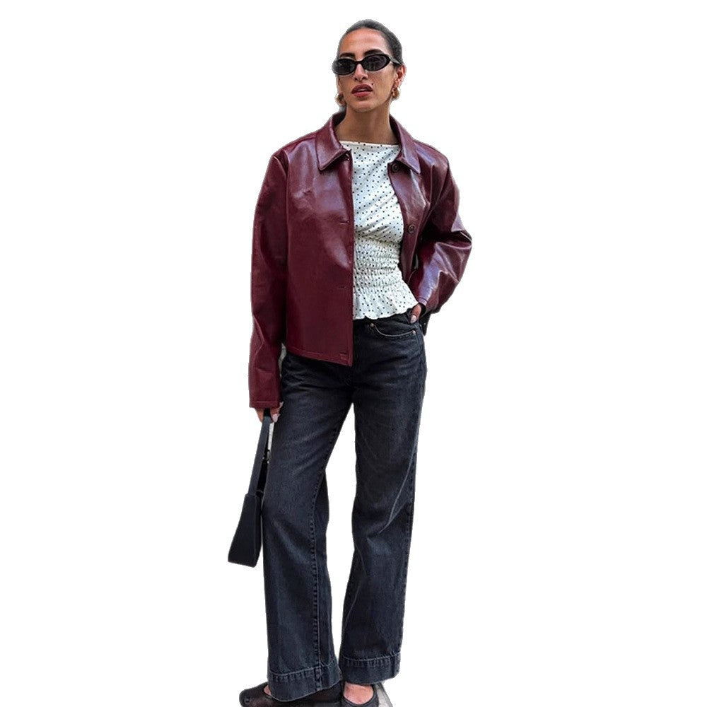 Women's Boxy Faux Leather Jacket with Shirt Collar and Straight Cropped Cut Amarae