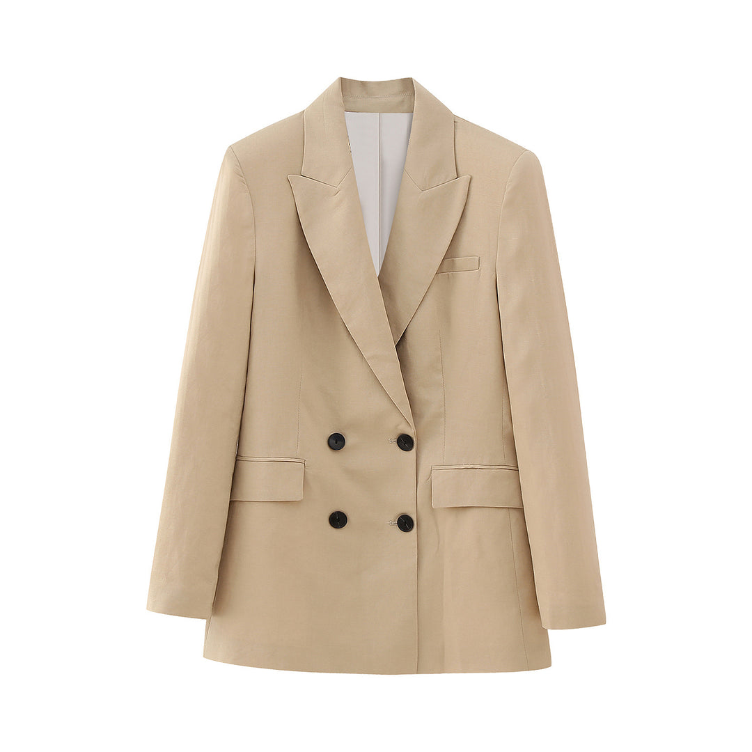 Women's Double-Breasted Long Blazer in Minimalist Tailoring Style with Peak Lapel Amarae