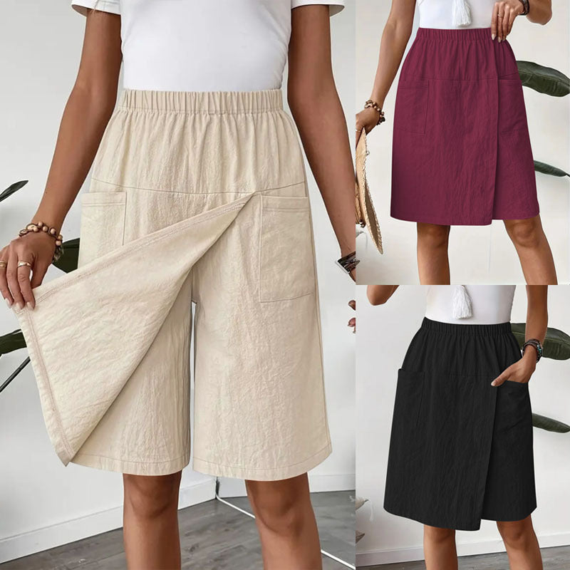 Mid-length wrap skirt for women with elastic waist and practical pockets Lune London