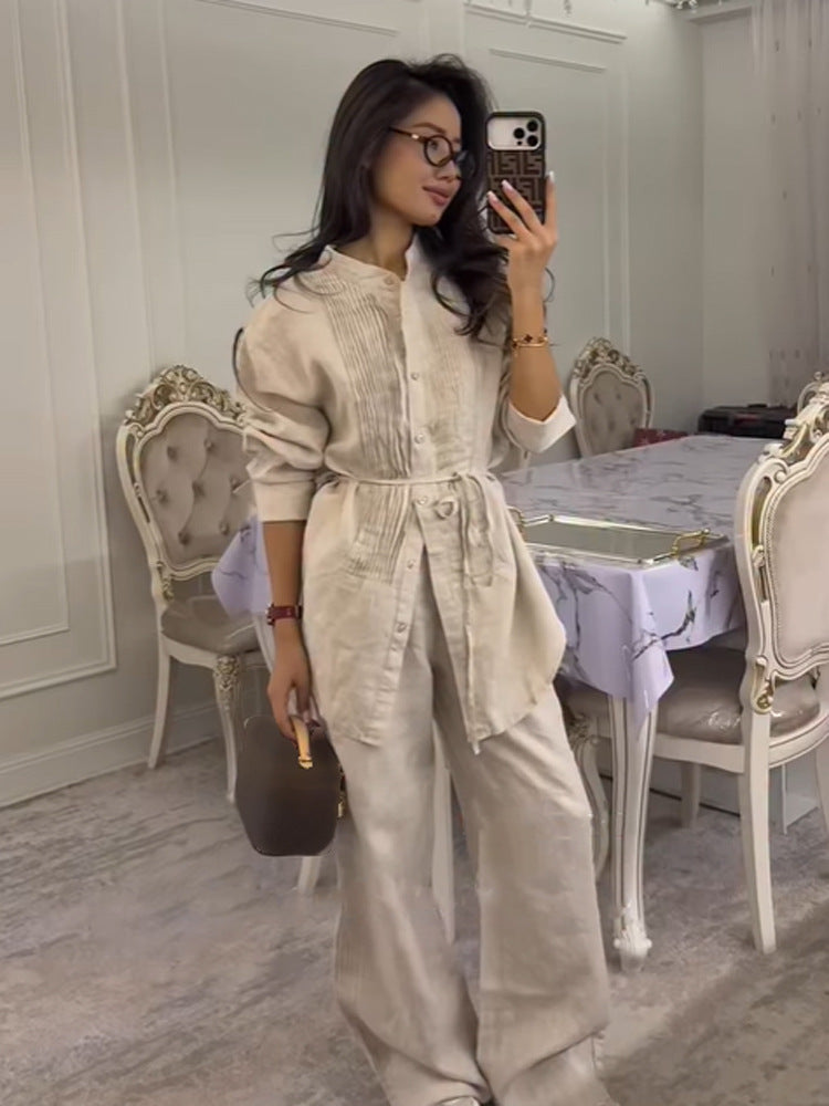Women Long Shirt Blouse with Fine Pleats, Stand Collar and Tied Belt Amarae