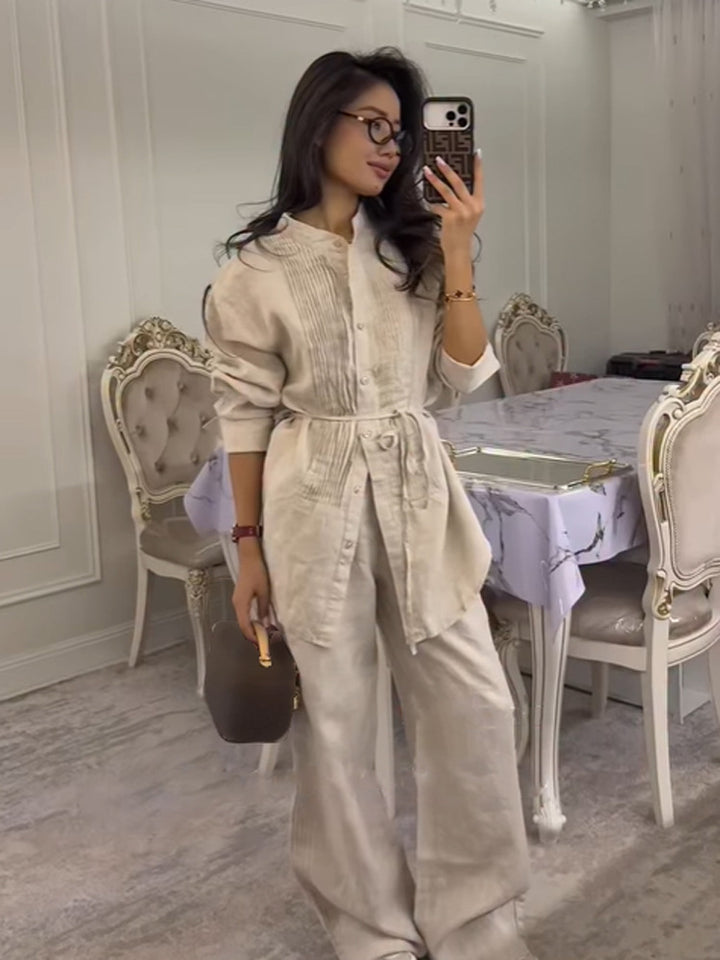 Women Long Shirt Blouse with Fine Pleats, Stand Collar and Tied Belt Amarae