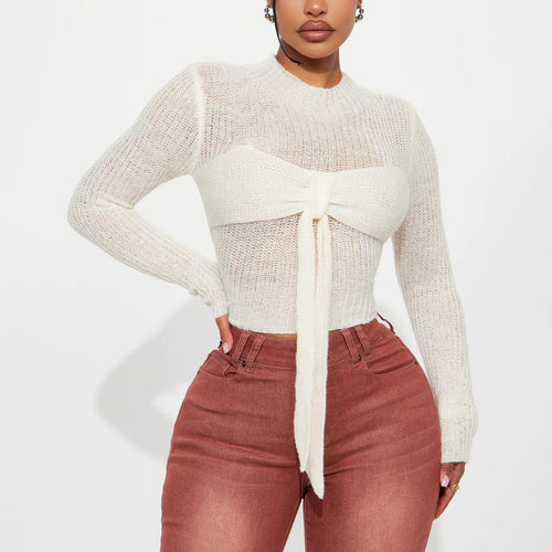 Women Elegant knit top with a fine mesh structure and transparent inserts Amarae