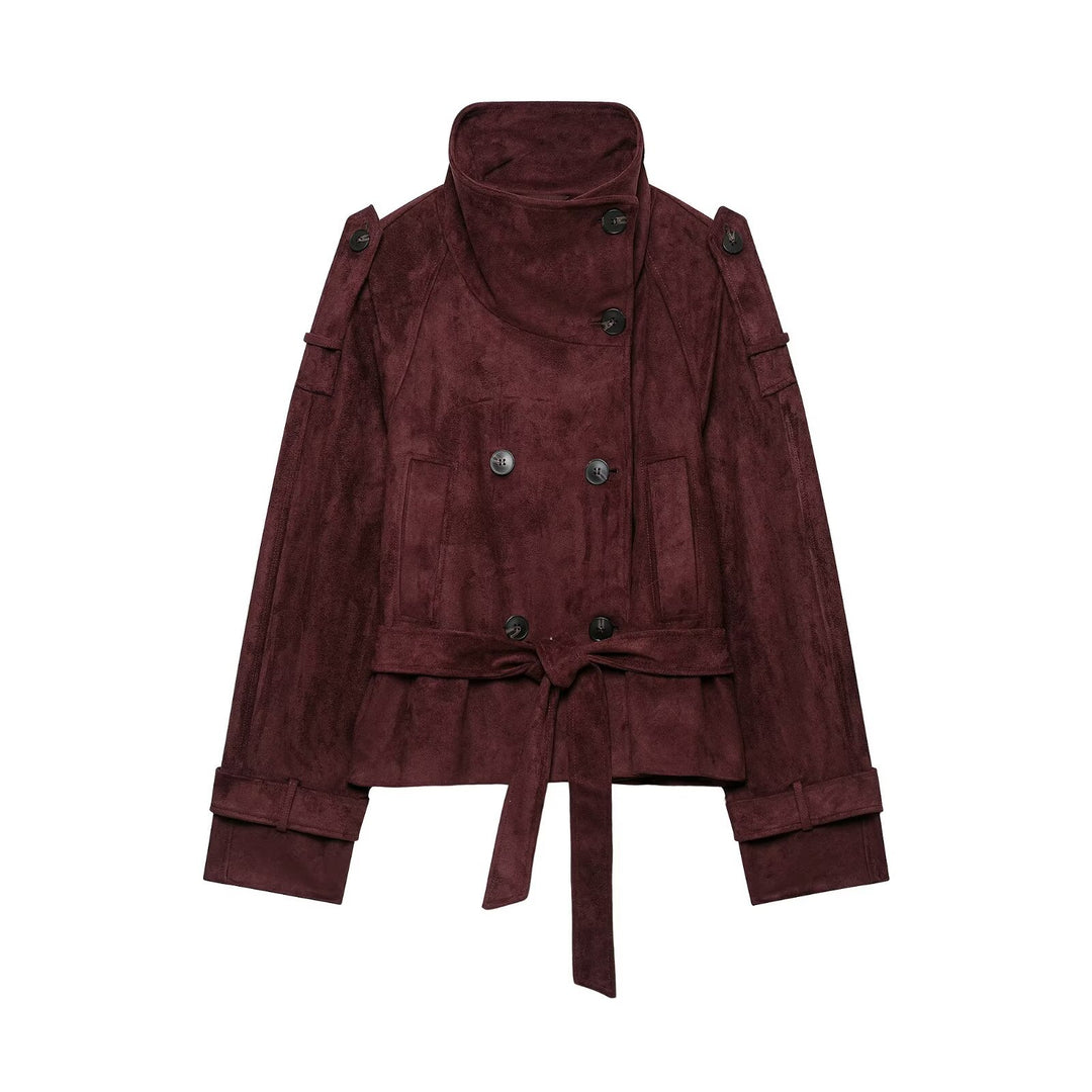 Women's short trench coat in suede look with high stand-up collar and tie belt Amarae