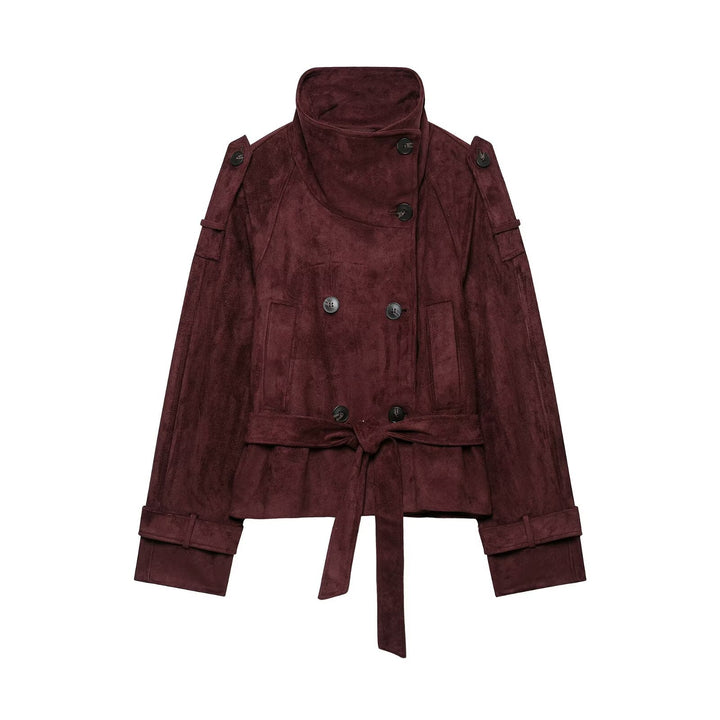 Women's short trench coat in suede look with high stand-up collar and tie belt Amarae