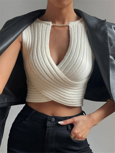 Ladies short knit top with elegant wrap design Amarae
