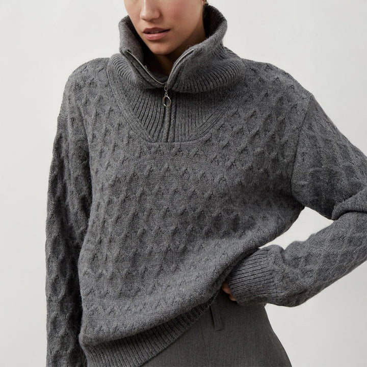 Women Knitted Patterned Sweater with High Collar and Half-Zip Lune London