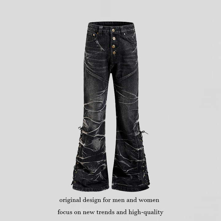 Women's high-waisted flared jeans with button fly and side lacing Amarae