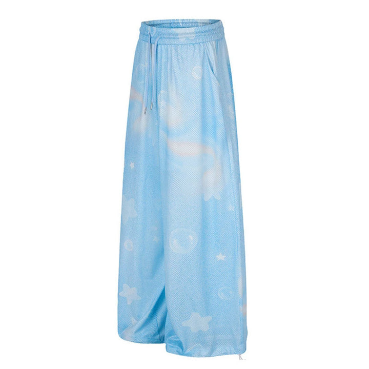 Ladies Wide Mesh Palazzo Lounge Pants with Elastic Comfort Waist and Star Bubble Print