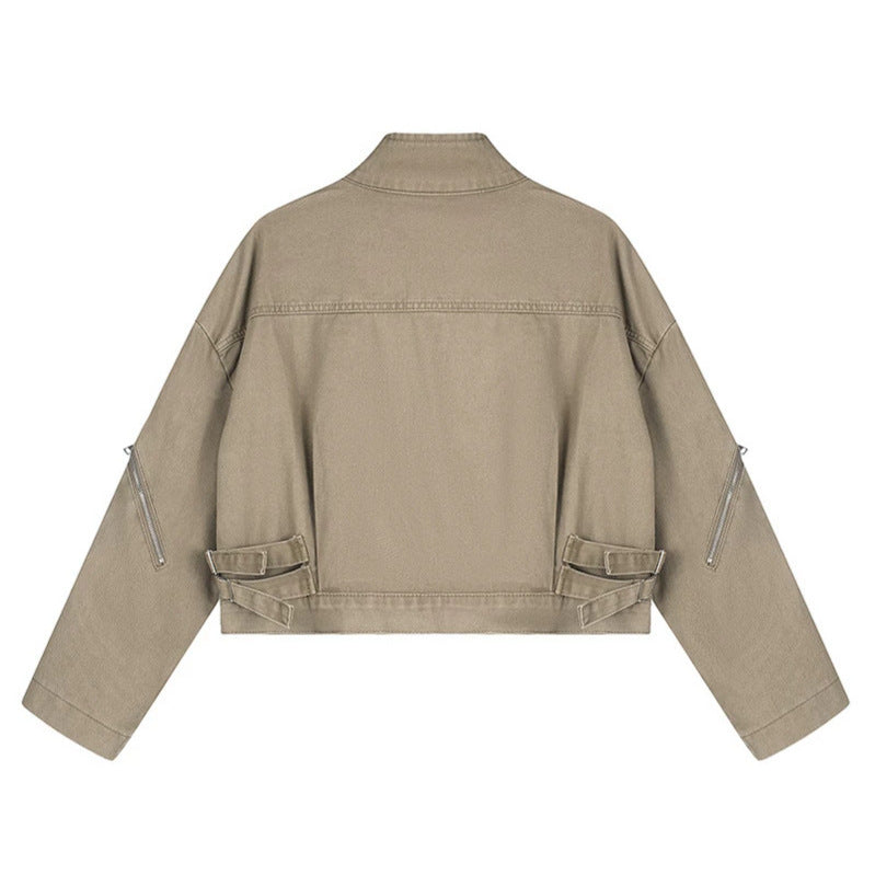 Women's Cropped Utility Jacket with Stand Collar, Multiple Pockets and Zip Sleeves Amarae