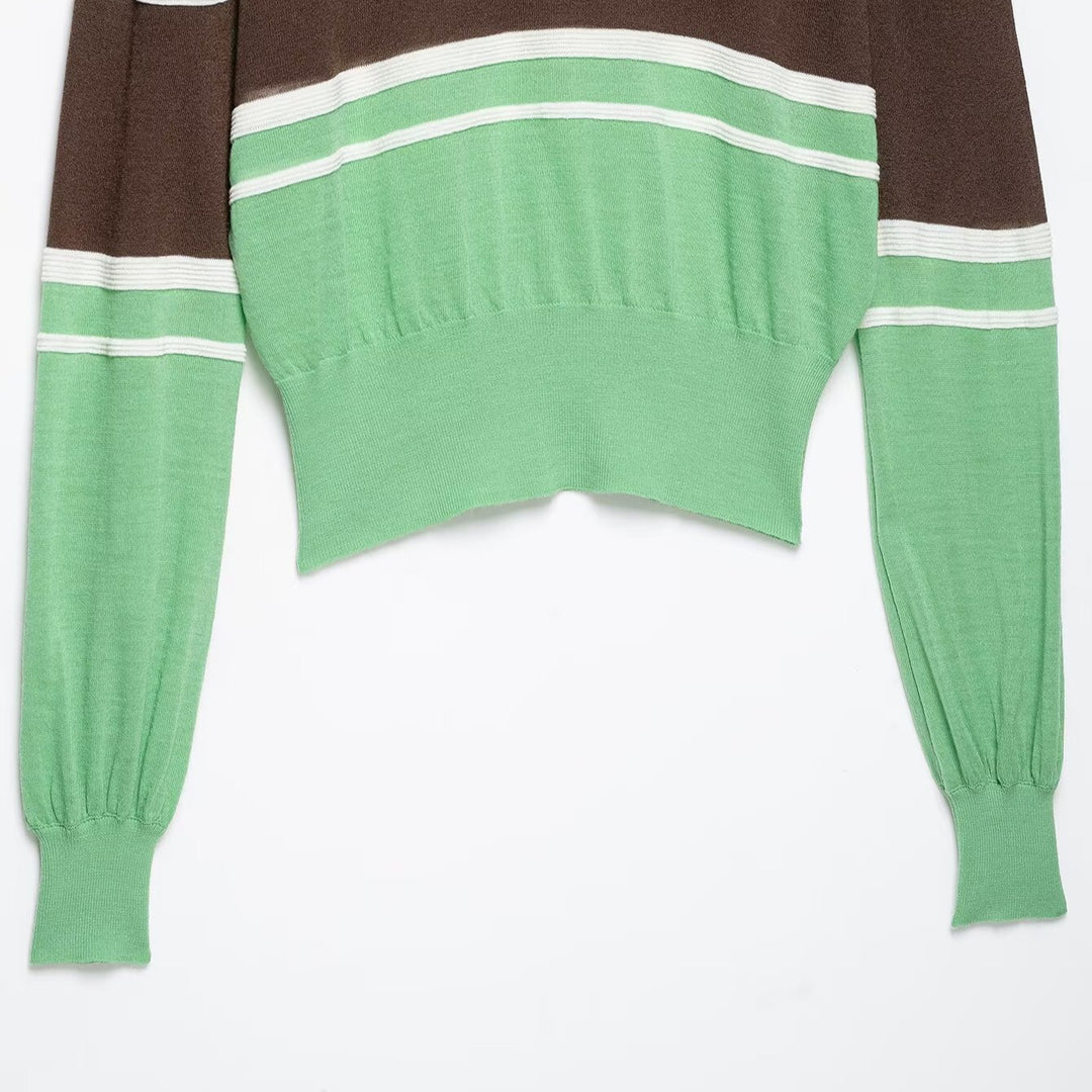 Women's Cropped Polo Shirt - Knitted Sweater with Rugby Stripes, Shirt Collar and Ribbed Hem Amarae