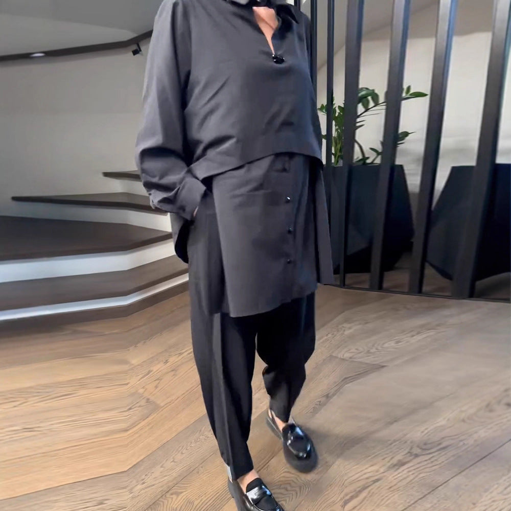 Costume décontracté pour femmes en deux pièces avec blouse et pantalon à la mode Chic & Stil