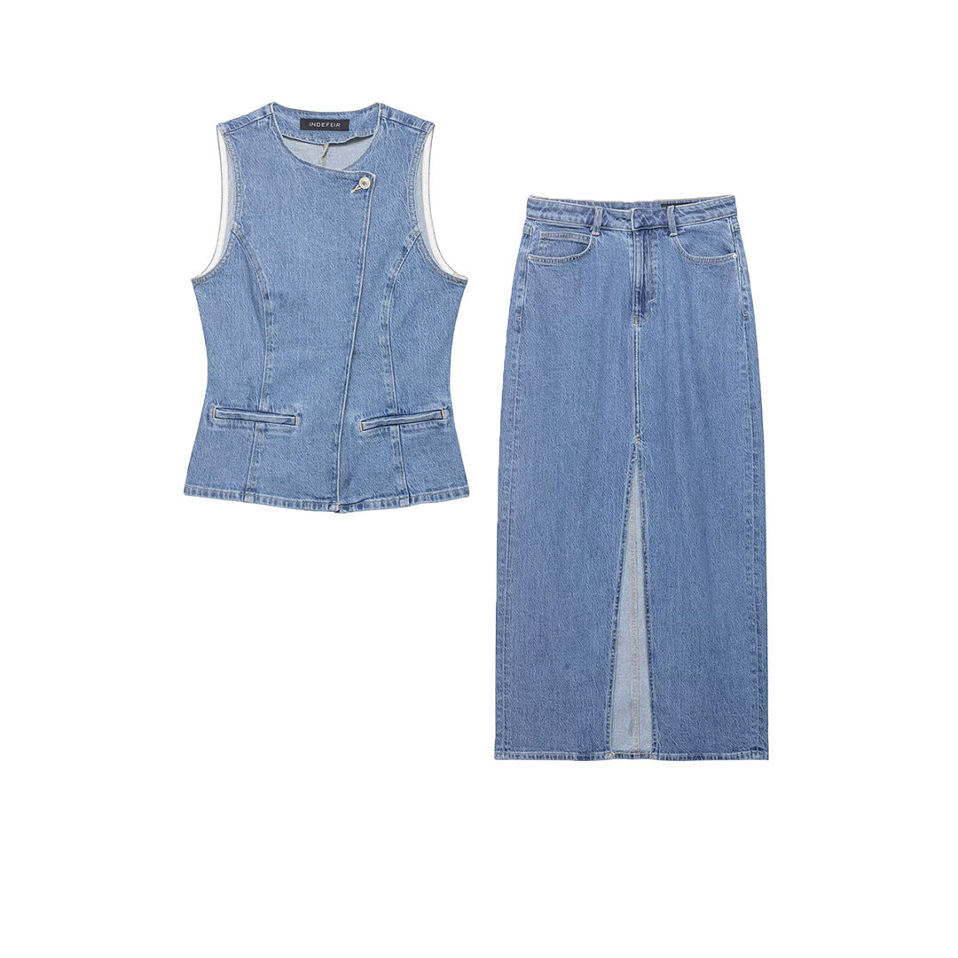 Women Tailored Denim Vest with Asymmetrical Button Placket and Princess Seams Amarae